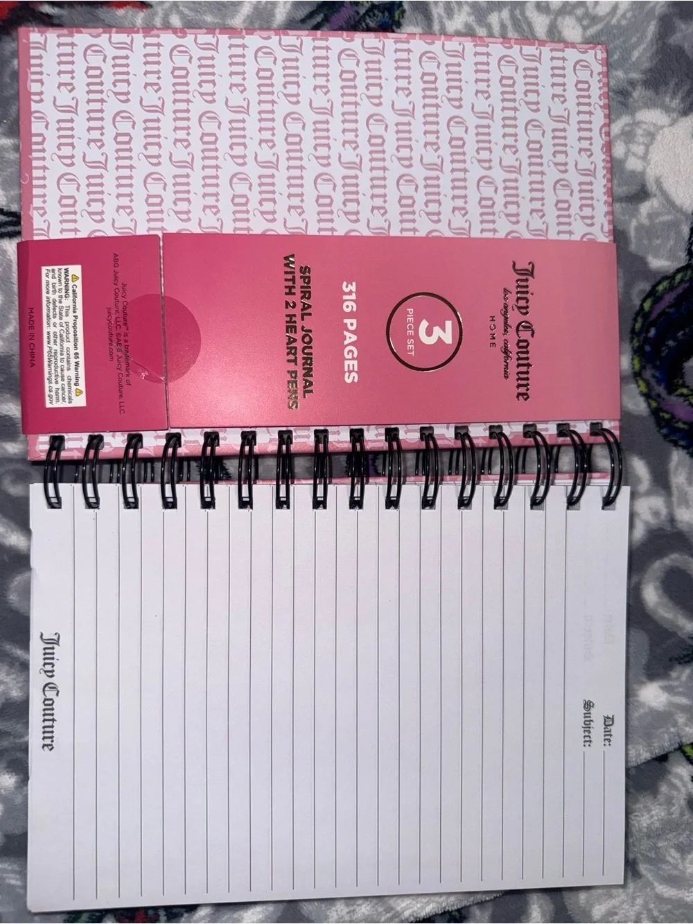 Juicy Couture Pink and Gold Spiral Journal with Heart Pens